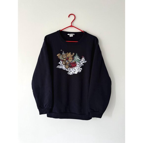 90s vintage teddy bear winter sleigh holiday graphic cotton pullover sweatshirt - Picture 7 of 9